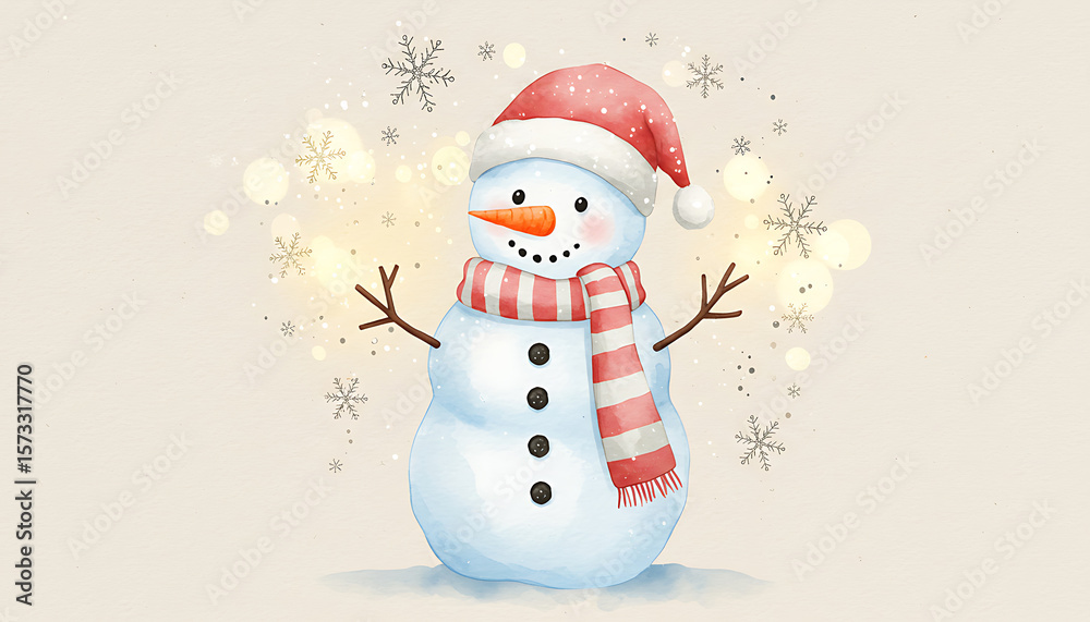 Fototapeta premium Cute watercolor snowman wearing a santa hat and striped scarf with falling snowflakes