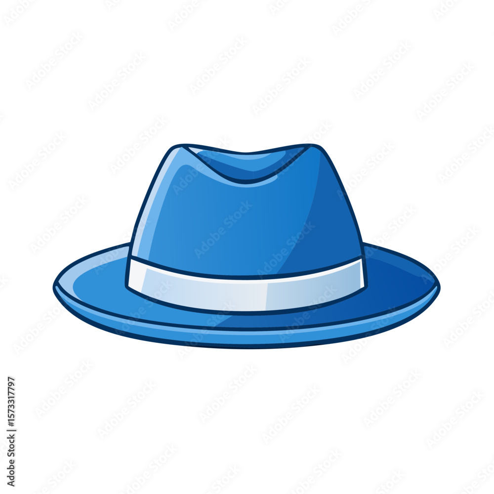 Illustration of a blue fedora hat with a white band, isolated on white, retro fashion accessory for men or women Illustration of a blue fedora hat with a white band, isolated on white, retro fashion accessory for men or women