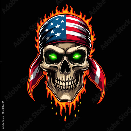 Biker vector t-shirt design with fire human skull
with usa flag bandana, flame on black
background.
Fashionable print for fabric, paper, men clothing,
hoodie, jacket. T shirt template.