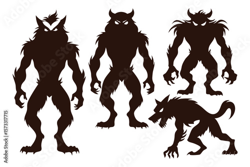 Five brown werewolf silhouettes with sharp claws and fangs monster creature