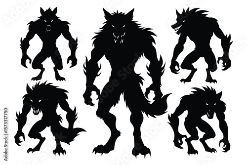 Black werewolf silhouettes with sharp claws and teeth white monster