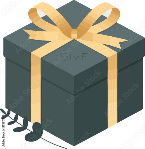 Elegant dark grey gift box with a golden ribbon and the word give