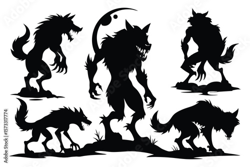 Five menacing werewolf silhouettes in various poses monster creature
