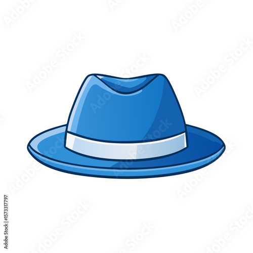 Illustration of a blue fedora hat with a white band, isolated on white, retro fashion accessory for men or women