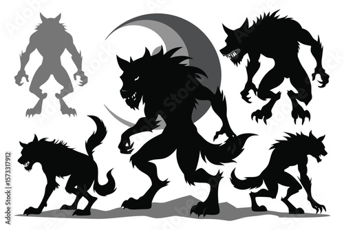 Six werewolf silhouettes under a crescent moon monster creature