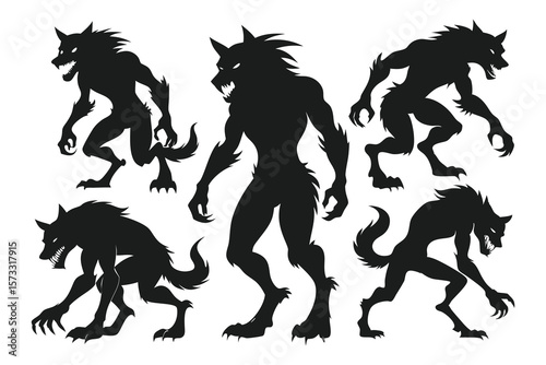 Six monstrous werewolf silhouettes snarling menacingly monster