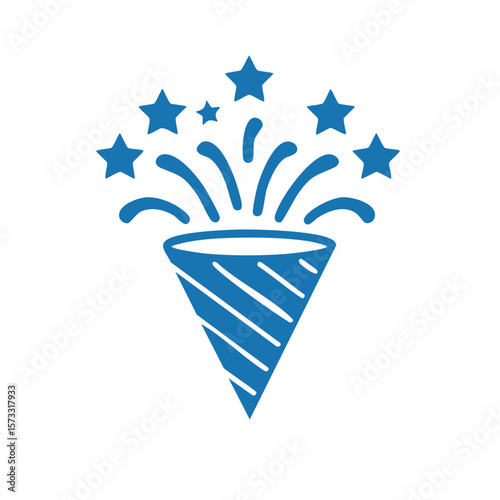 Striking blue icon of a festive party popper emitting stars and streamer sprays in a conical shape, perfect for celebration designs or event promotions