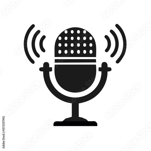 Classic Microphone Silhouette with Sound Waves Emanating for Broadcasting Podcasts or Live Audio Shows in Black and White