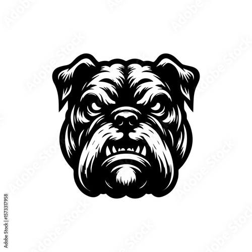 Illustration of a bulldog's head with a stern expression, rendered in black and white.