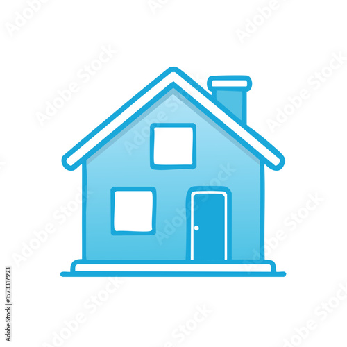 Simple blue house icon with door, windows and chimney, symbol of home and property