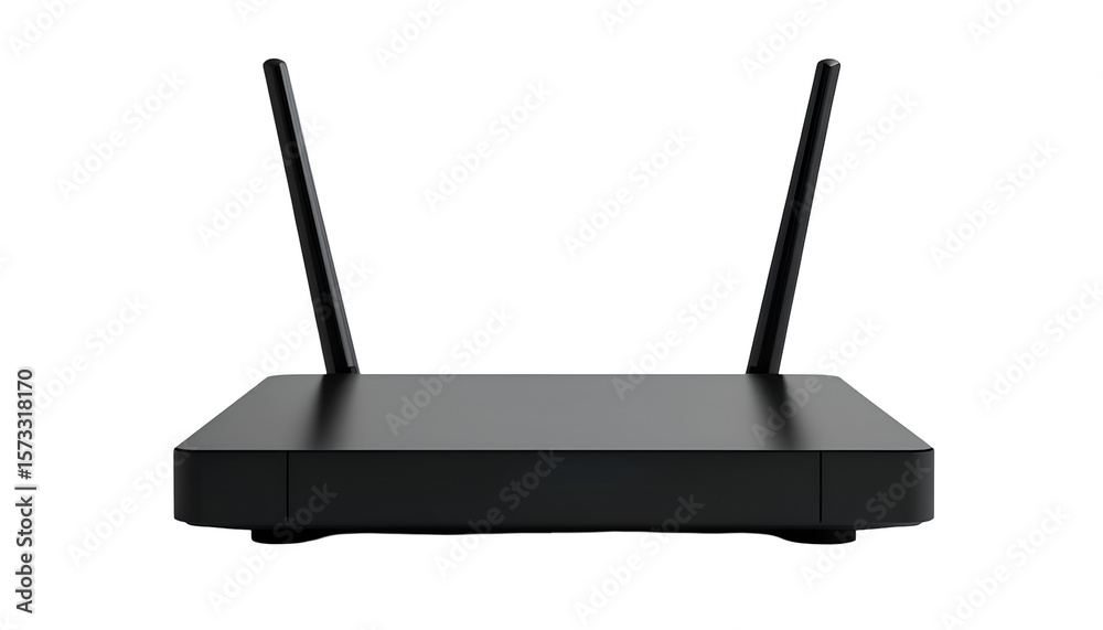 Fototapeta premium Black Wireless Router with Dual Vertical Antennas – Rectangular Design and Blue LED Indicator Lights