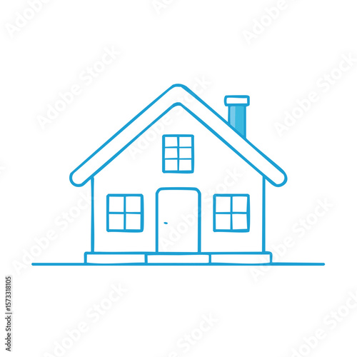 Simple Blue House Line Art: Cute Home, Windows, Chimney, and Roof Illustration