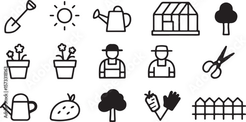 A Collection of Black and White Gardening Icons Depicting Tools, Plants, and Structures for Horticultural Activities and Landscape Design