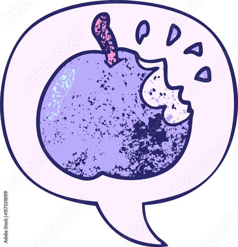 cartoon fresh bitten apple with speech bubble in retro texture style in bright neon color