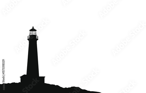 Silhouette of tall lighthouse on rocky coast against a white background