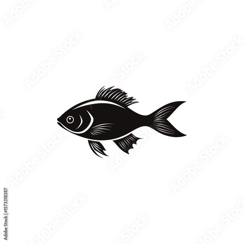 Simple black fish icon illustration on white background, sea life symbol