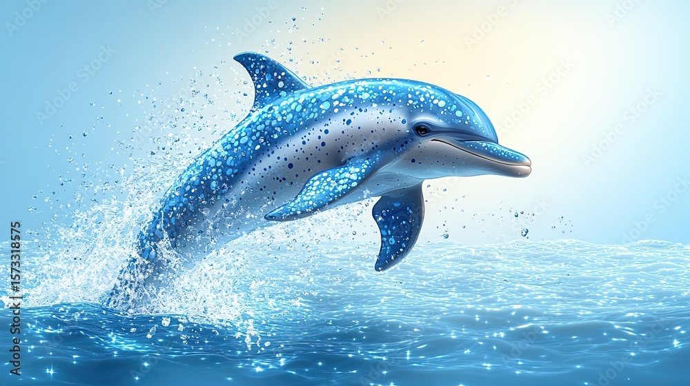 Fototapeta premium A leaping dolphin, adorned with sparkling blue spots, splashes in the ocean