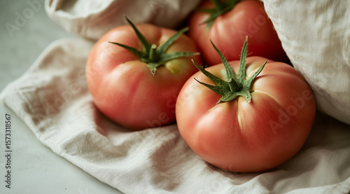 Fresh ripe tomatoes arranged in a cloth with vibrant colors showcasing organic produce from a local farm during summer