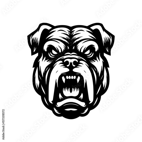 Black and white graphic of an angry bulldog head, stylized and detailed.
