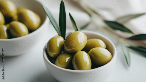 Savory green olives garnished with olive leaves in a bowl on a light table
