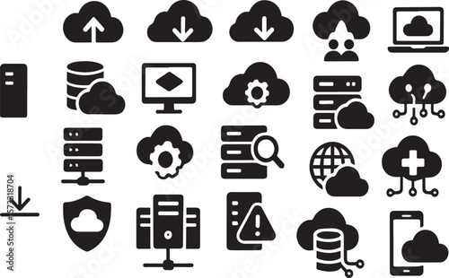 Cloud Computing & Data Server Icons Set – Storage, Upload, Security, Network