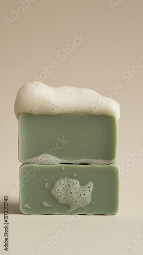 Green handmade soap with creamy lather displayed on neutral background in minimalistic setting