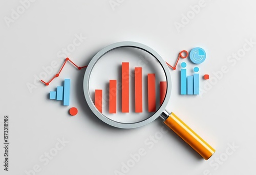 Paper cut magnifying glass overlays data analysis icon; gray background, vector illustration,   background,  paper art