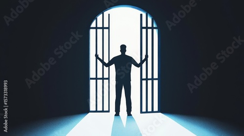 A man stands at an open prison door, highlighting themes of freedom and redemption in a stark, dramatic setting.