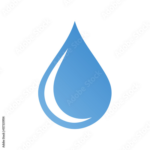 Single Water Drop Illustration in Light Blue with White Crescent Shape Reflection, Liquid Purity and Freshness