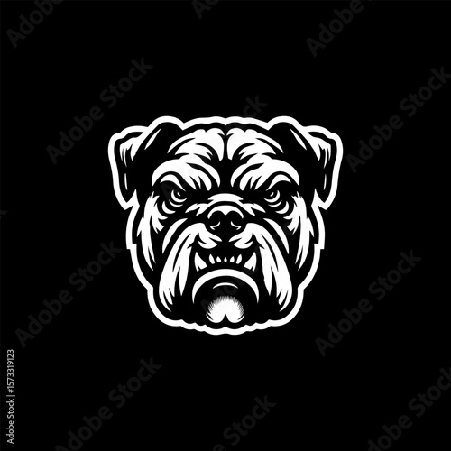 A stylized, monochrome illustration of a bulldog's head with an intense expression, set against a black background.