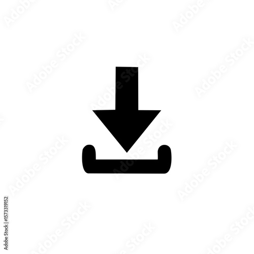 Illustration of a black download symbol with an arrow pointing downwards onto a tray