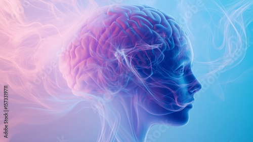 In a visually captivating depiction, a human brain is surrounded by colorful wisps of smoke, representing thoughts, creativity, and ideas in a tranquil setting.