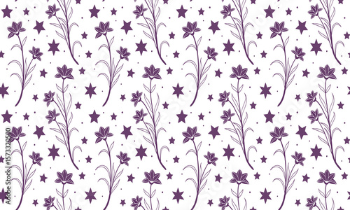Seamless Floral Pattern with Purple Flowers and Stars – Elegant Botanical Background for Fabric, Wallpaper, and Stationery Design

