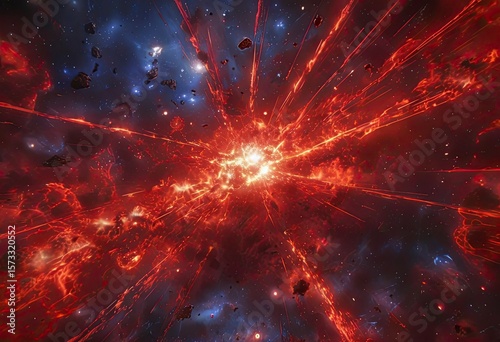 Fiery Cosmic Explosion in Deep Space with Asteroids
