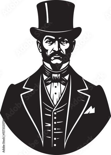 Retro fashion illustration of a smiling gangster in a black suit, hat, and tie