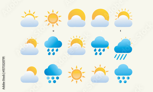 Collection of Weather Icons Depicting Sunny, Cloudy, and Rainy Conditions with Varying Cloud Cover and Precipitation Levels for Forecasting Purposes