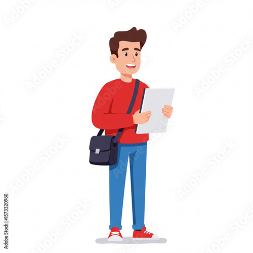 Cartoon man standing, smiling, holding a paper, with a messenger bag over his shoulder.