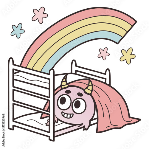 Adorable pink monster with horns peeking out from under a pink blanket in a white bunk bed with a pastel rainbow and stars above
