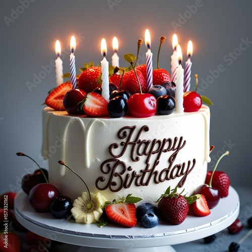 A birthday cake with juicy fruits including plump cherries  ripe strawberries  and lush berries