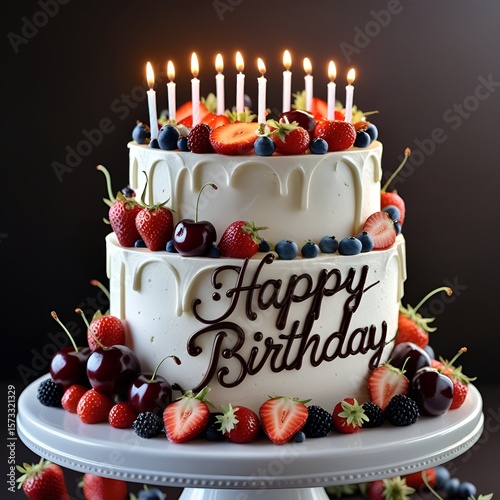 A birthday cake with juicy fruits including plump cherries  ripe strawberries  and lush berries