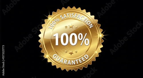 Gold seal with 100 percent satisfaction guaranteed symbol isolated against a black background