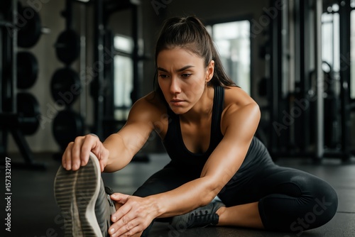 Focused woman stretching in gym environment.