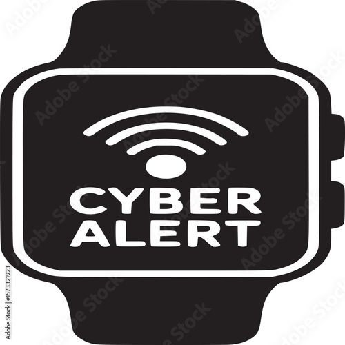 Black smartwatch displaying a cyber alert notification against a gray background image vector design