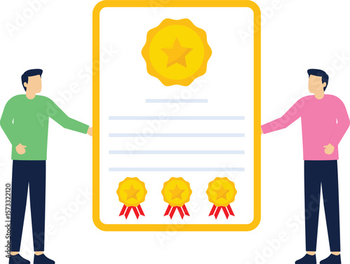Presentation Success Diploma School, Cartoon. Guys Hold Beautiful Document, Large Diploma with Seal. Man in Suit Receives Diploma from Hands Man Casual Clothes. Vector Illustration.

