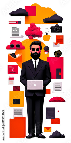 A stylish business man in a suit and sunglasses holding a laptop, surrounded by various business, cloud, and creative icons on a white background.