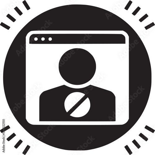 Icon of a blocked user in a browser window inside a black circle with four sets of dashes around it