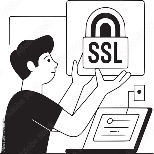 A man holding ssl padlock over laptop in black and white line art style with gray background design