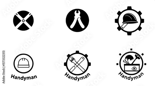 "Black and white minimalist handyman logo set, nine logos arranged in a 3x3 grid, each logo incorporating a gear or round badge design with tools such as pliers, hardhat, paintbrush, and toolbox icons