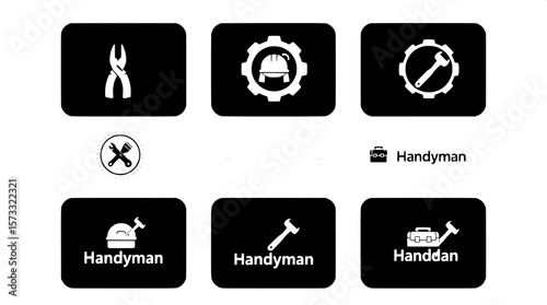 "Black and white minimalist handyman logo set, nine logos arranged in a 3x3 grid, each logo incorporating a gear or round badge design with tools such as pliers, hardhat, paintbrush, and toolbox icons