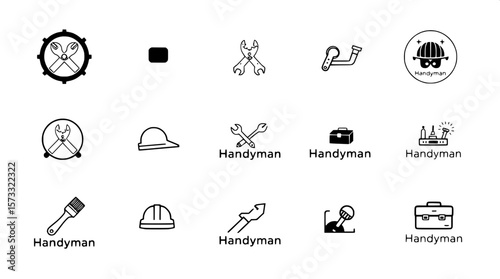"Black and white minimalist handyman logo set, nine logos arranged in a 3x3 grid, each logo incorporating a gear or round badge design with tools such as pliers, hardhat, paintbrush, and toolbox icons
